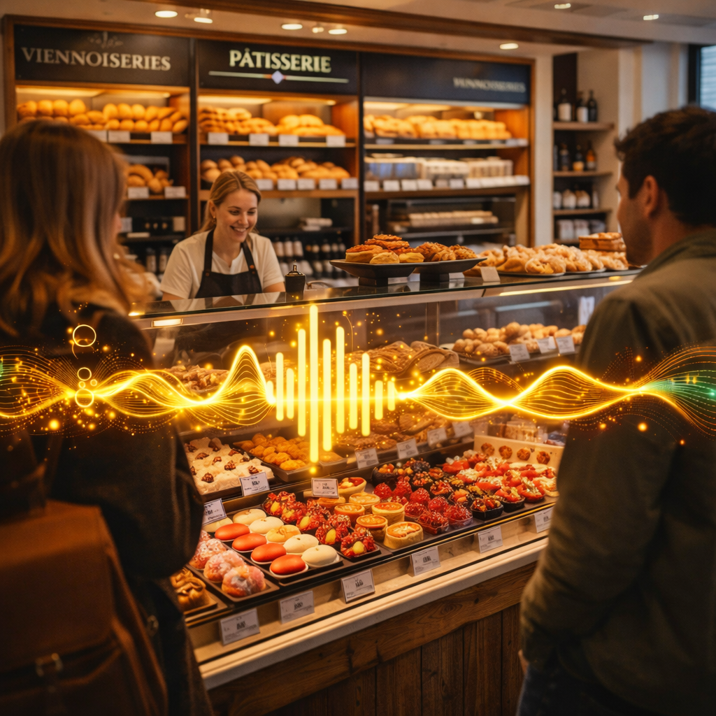 Vitrine de pâtisserie avec ambiance musicale professionnelle