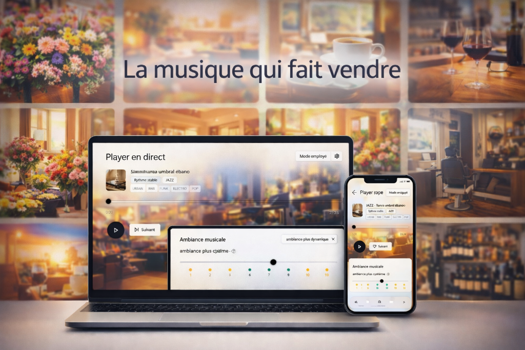 Interface MeloPro sur ordinateur et mobile pour piloter la musique d’un commerce