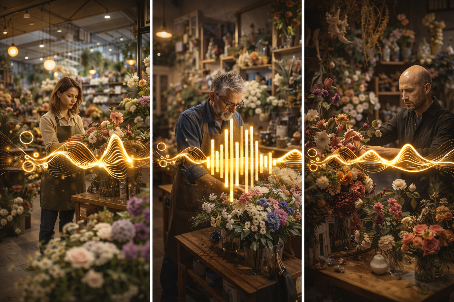 Atelier de fleuriste avec ambiance créative et chaleureuse