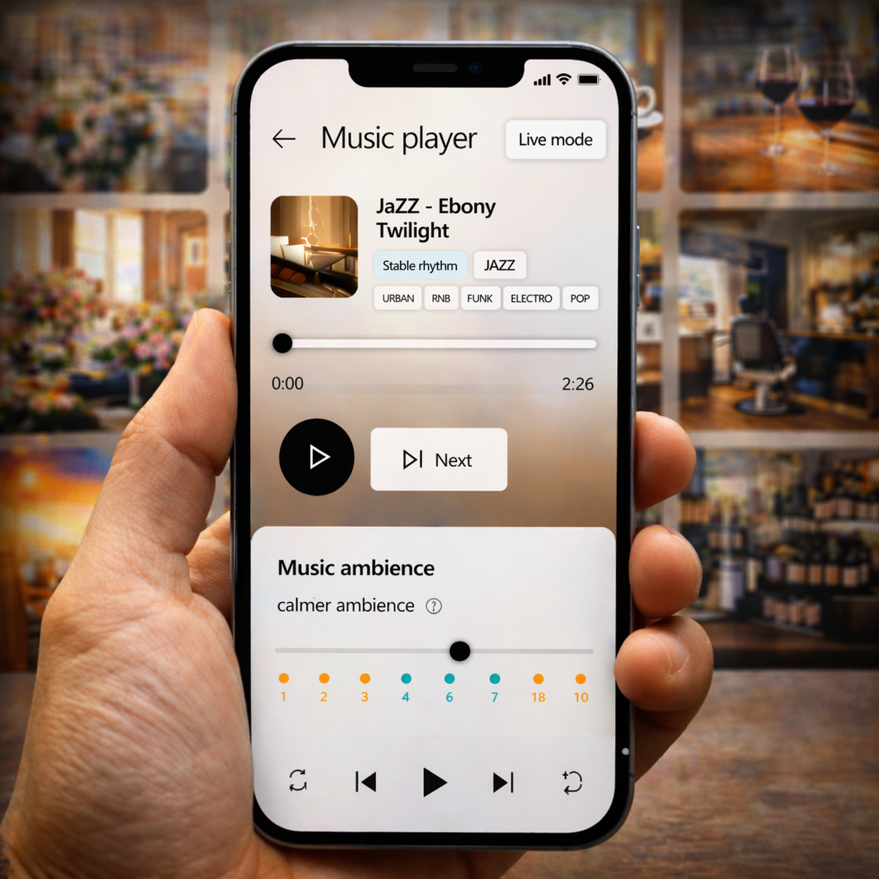 MeloPro music player app in English on a smartphone for a business
