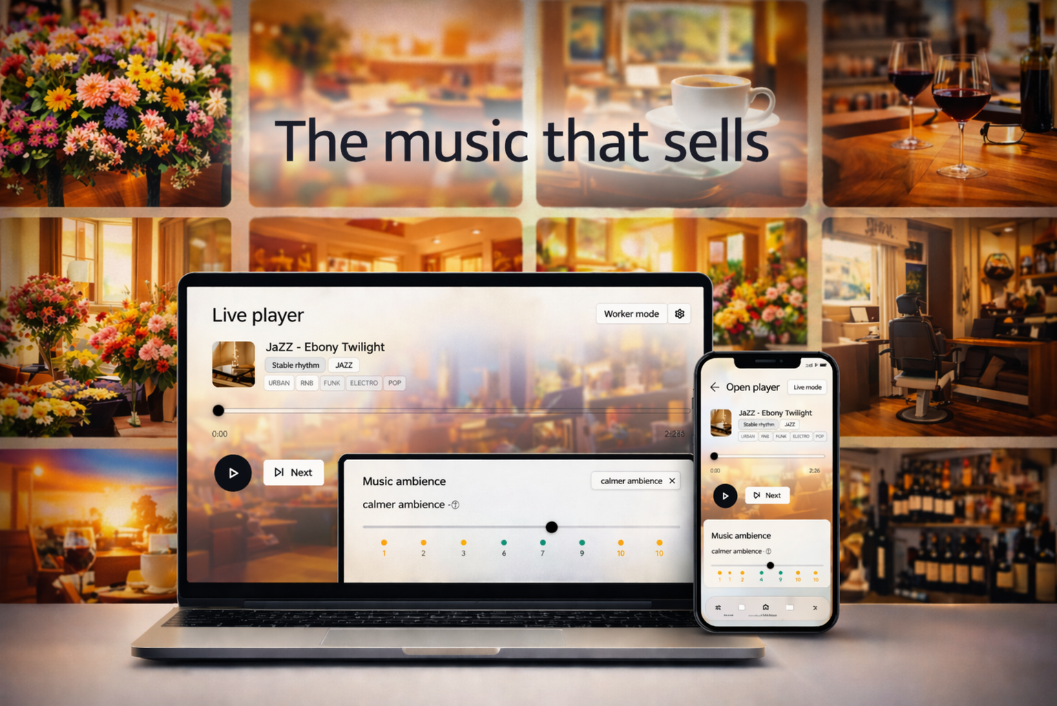 MeloPro interface in English on computer and mobile to control business music