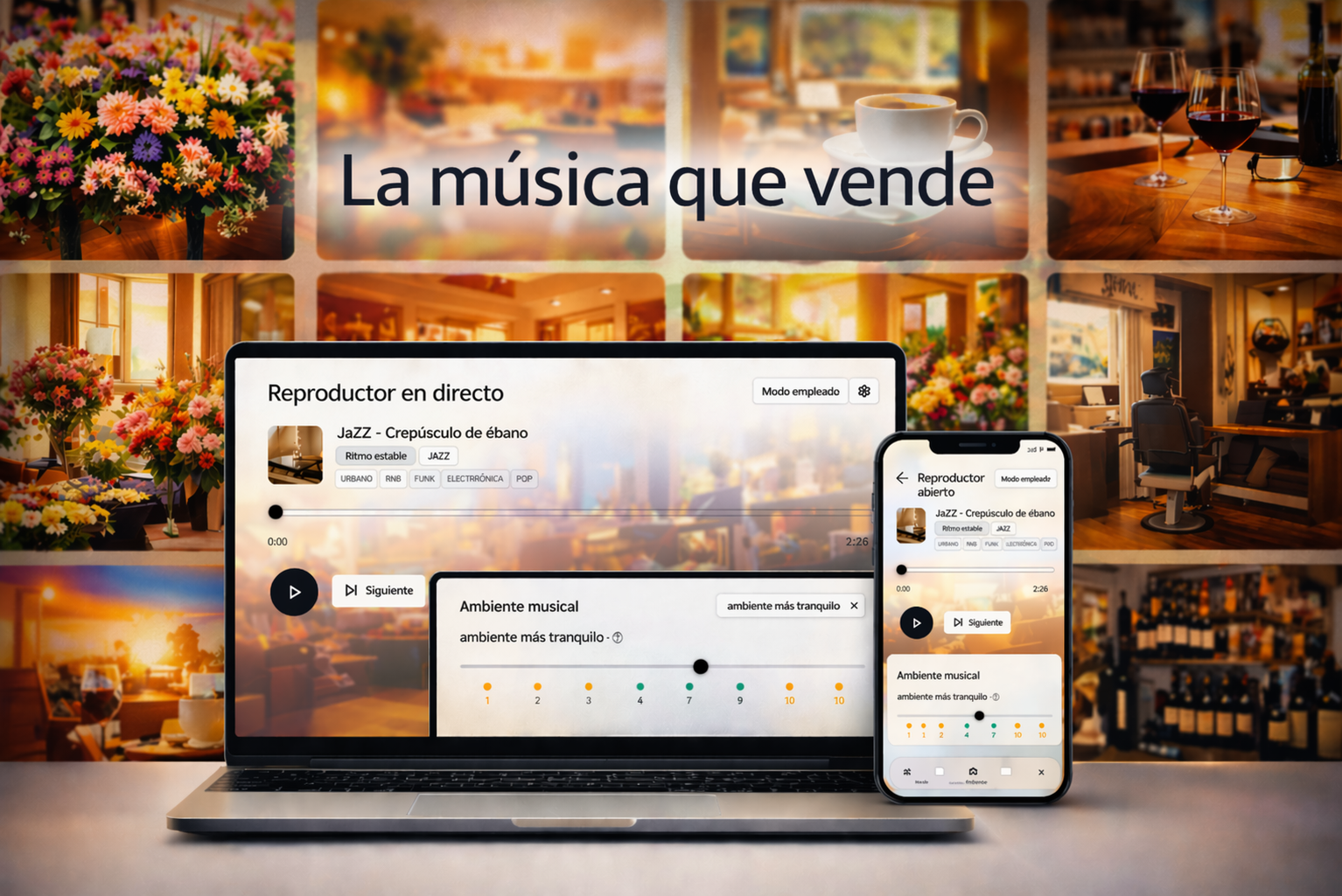 Interfaz MeloPro en español en ordenador y móvil para controlar la música de un negocio