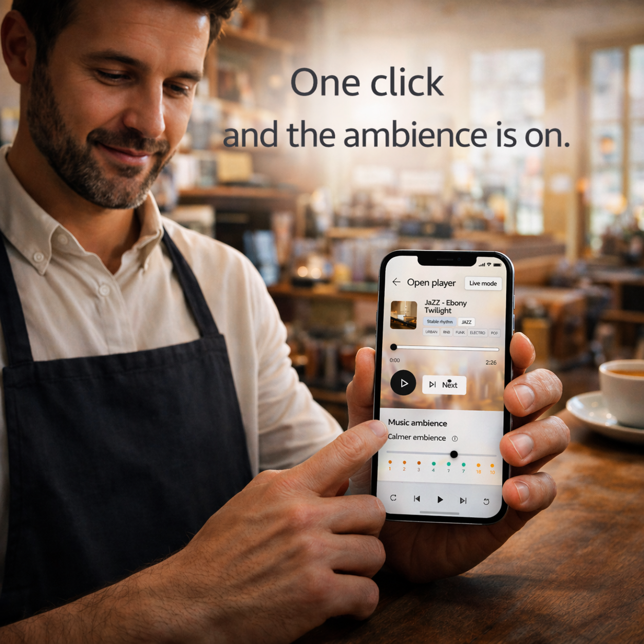 MeloPro app in English showing one-click launch and ambience control